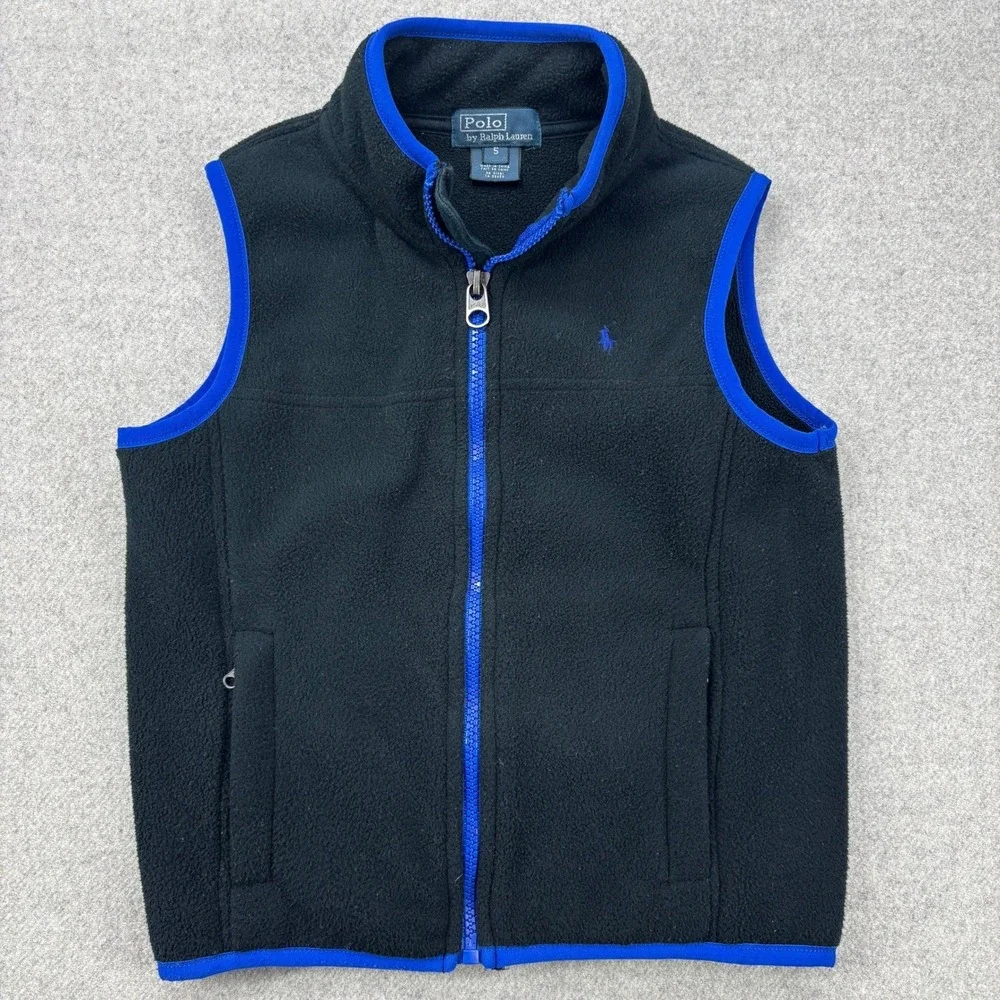 Polo‎ Ralph Lauren Boys Fleece Vest Size 5 Black Blue Trim & Pony Logo Preppy